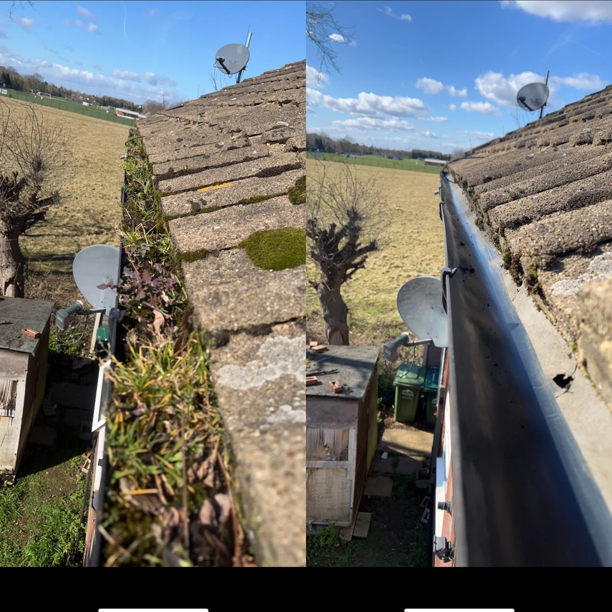 Gutter clearing before and after